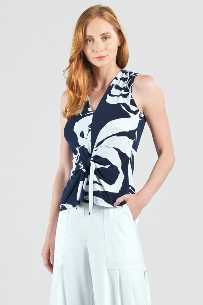 Abstract V-Neck Front Tie Sleeveless Soft Knit Top