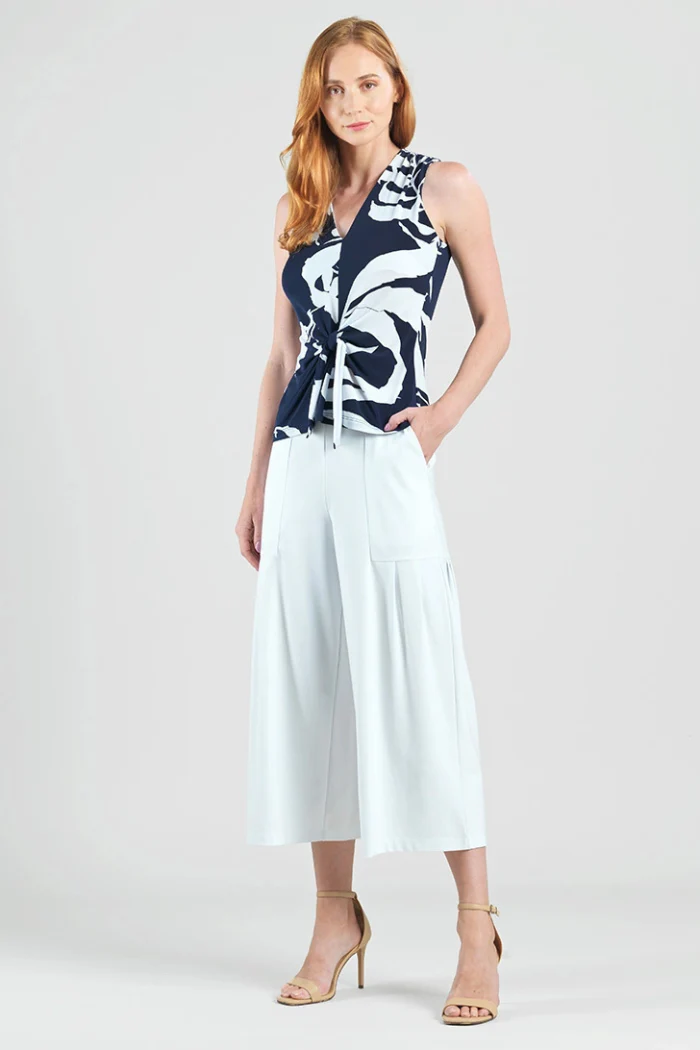 Abstract V-Neck Front Tie Sleeveless Soft Knit Top - Image 2