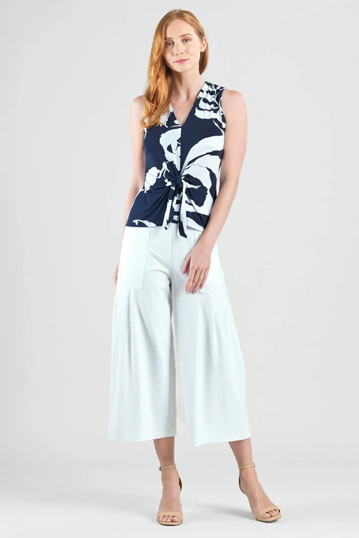 Abstract V-Neck Front Tie Sleeveless Soft Knit Top - Image 5