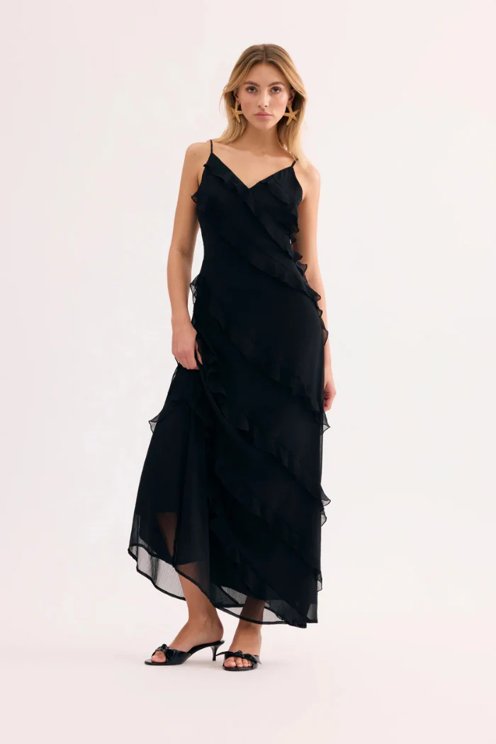 Angelina Black Long Dress with Ruffles