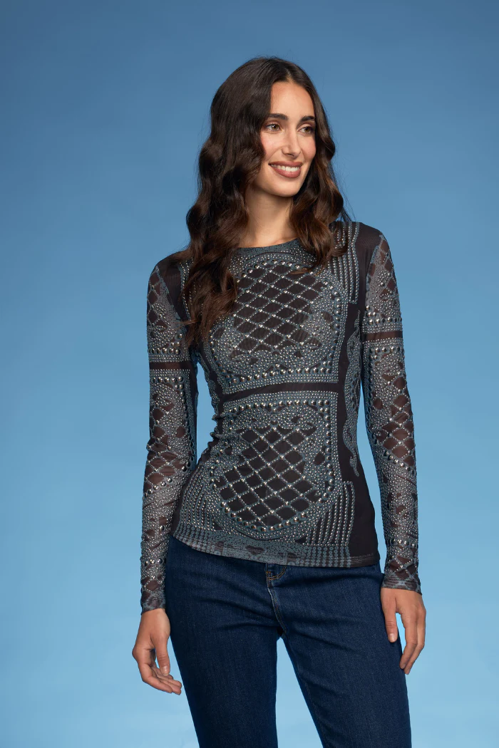 Art Deco Mesh Long Sleeve Top with Pearl Trim
