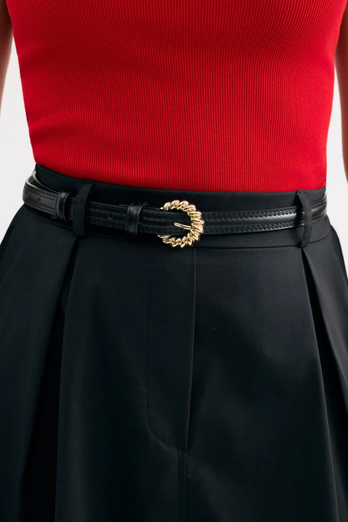 Athena Leather Belt with Twisted Gold Buckle - Black - Image 3