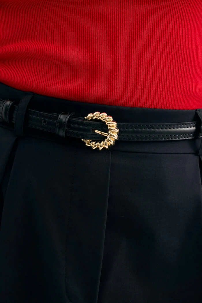 Athena Leather Belt with Twisted Gold Buckle - Black - Image 4