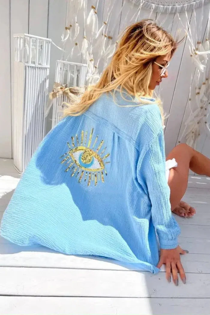 Baby Blue Evil Eye Gauze Cotton Button Cover-up