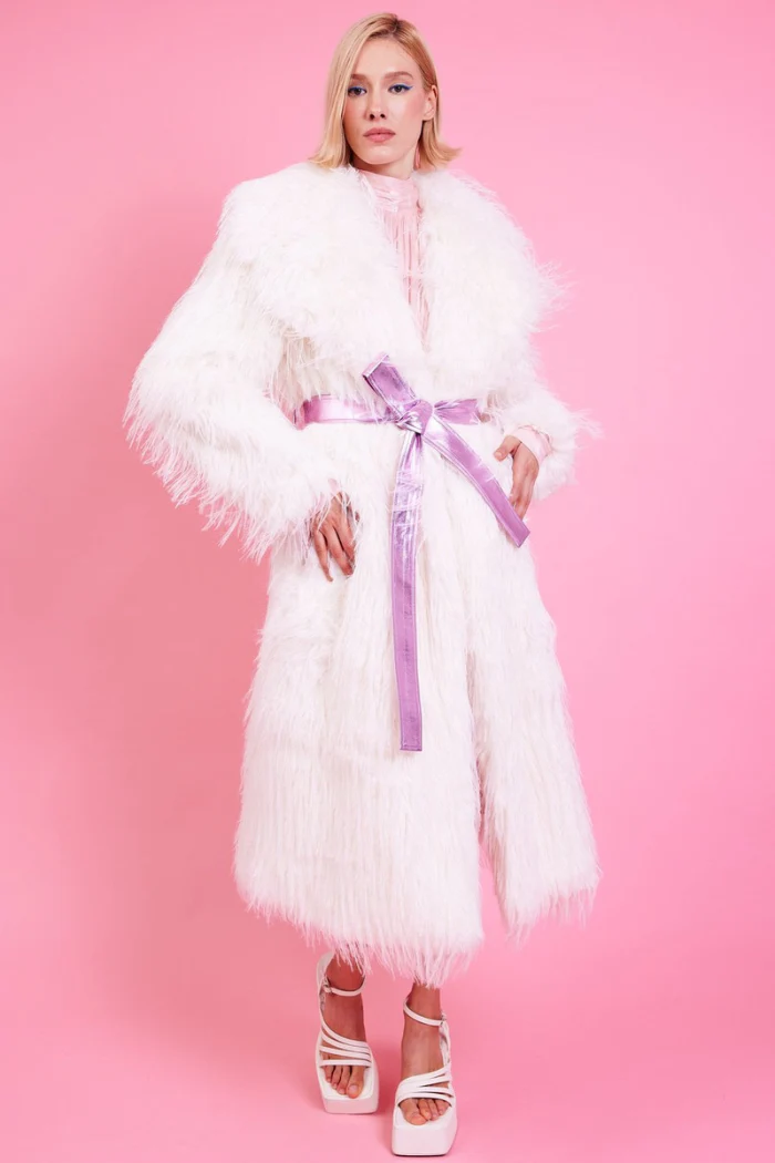 Bamboo Faux Mongolian Fur Coat - Cream - Image 4