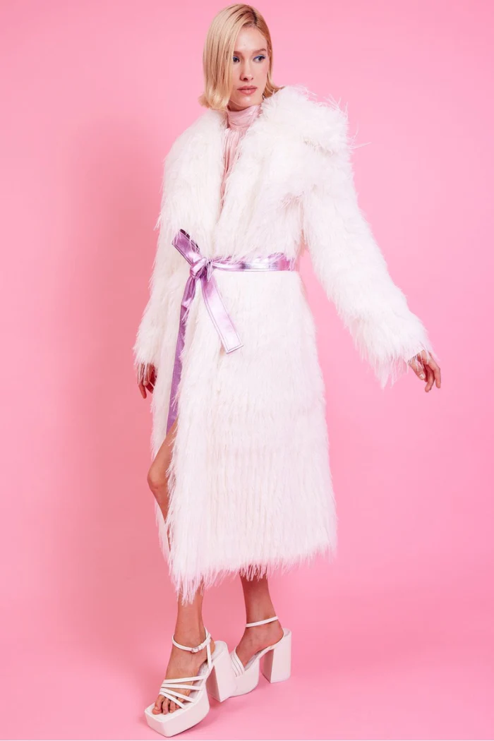Bamboo Faux Mongolian Fur Coat - Cream - Image 6