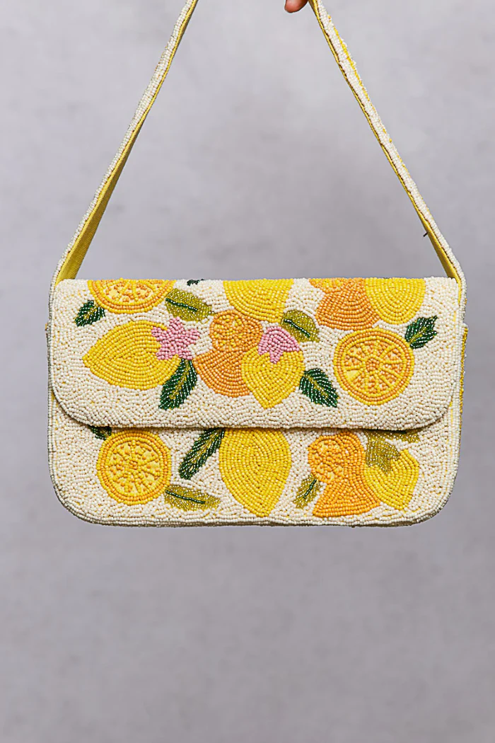 Beaded Lemon Pattern Flap Shoulder Bag
