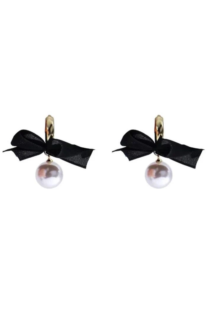 Black Bow/ Pearl Earrings - Image 2