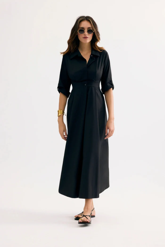 Black Tie-Waist Midi Shirt Dress