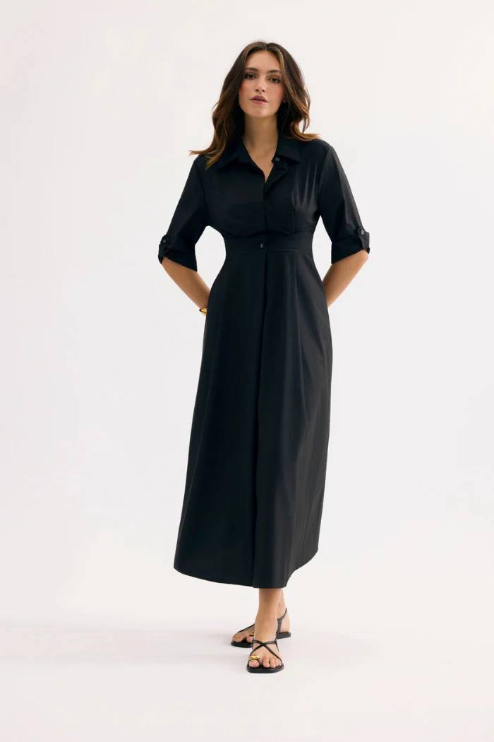 Black Tie-Waist Midi Shirt Dress - Image 2