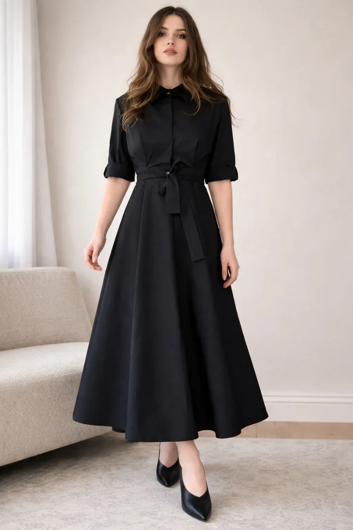 Black Tie-Waist Midi Shirt Dress - Image 5