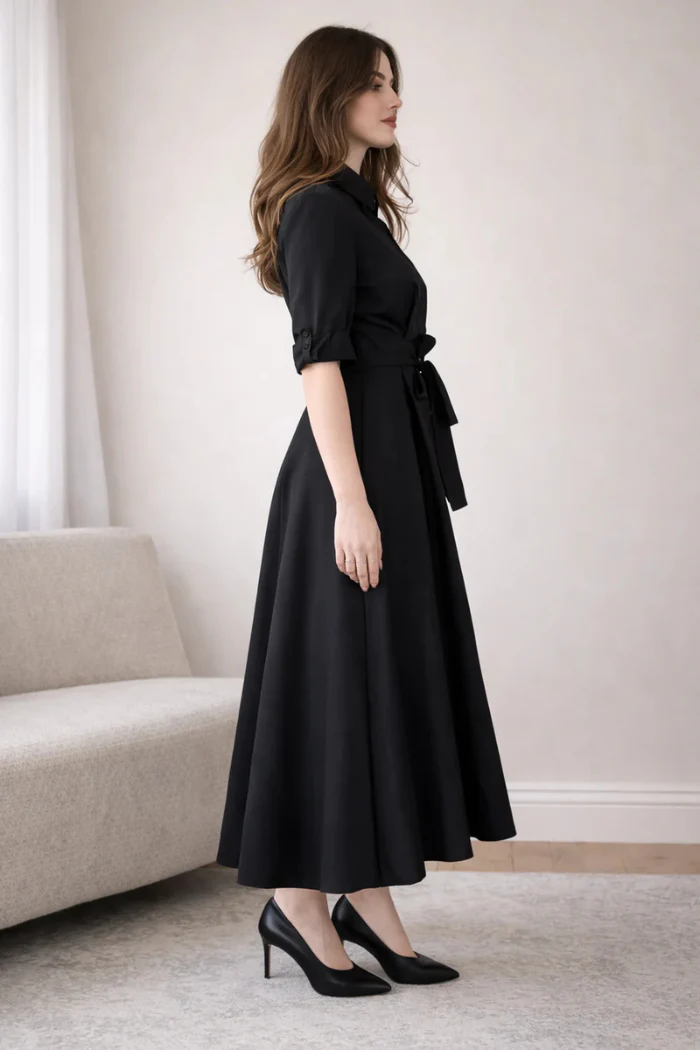 Black Tie-Waist Midi Shirt Dress - Image 6