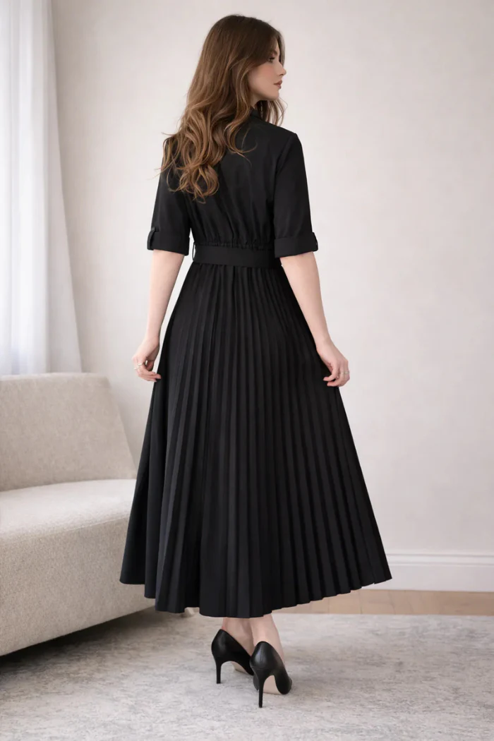 Black Tie-Waist Midi Shirt Dress - Image 7