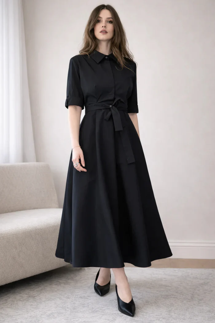 Black Tie-Waist Midi Shirt Dress - Image 8