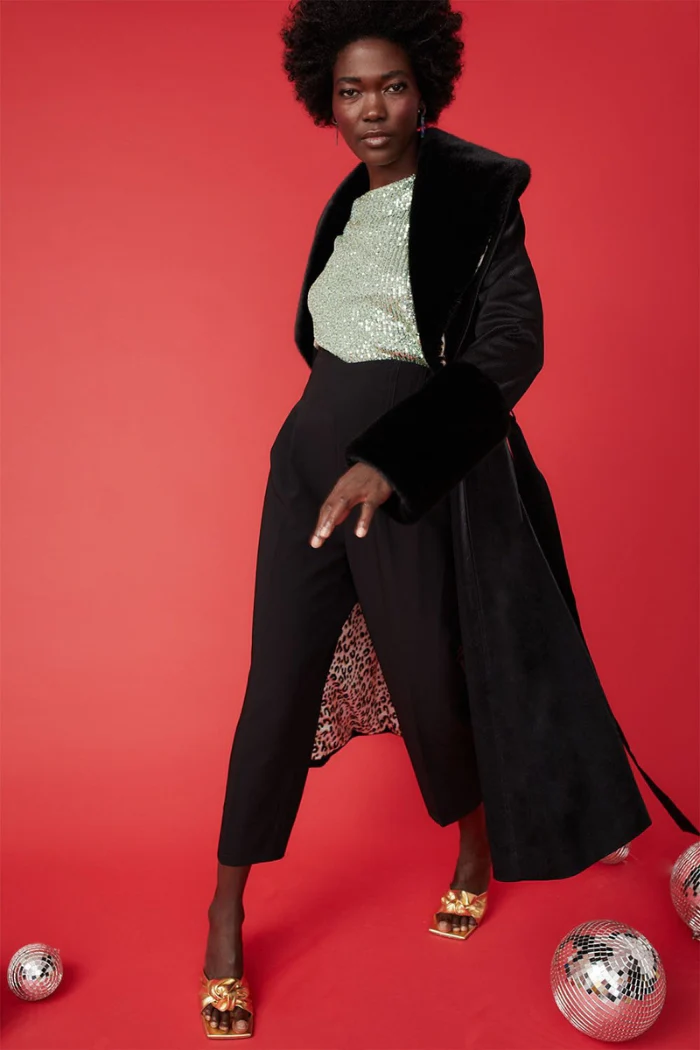 Black Trench Style Belted Coat with Faux Fur Cuffs and Collar - Image 2
