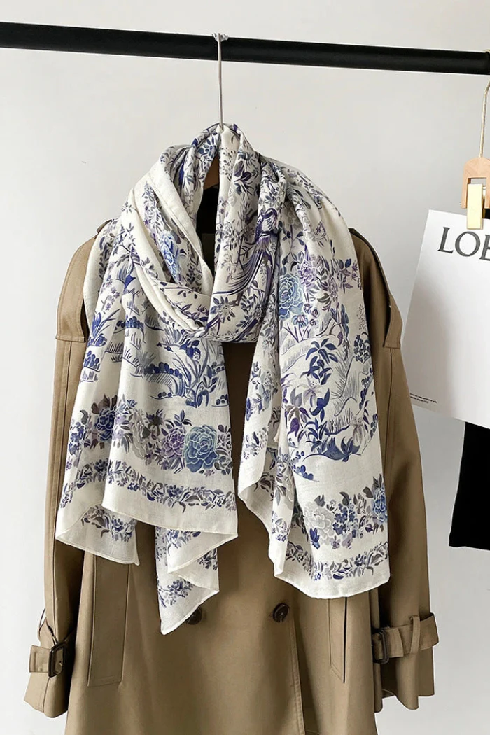 Blue Floral Print Soft Scarf Shawl - Image 3