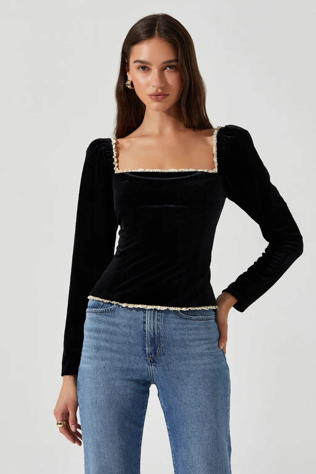 Elegant Black Velvet Square Neck Long Sleeve Top with Ruffle Trim | Briella Top
