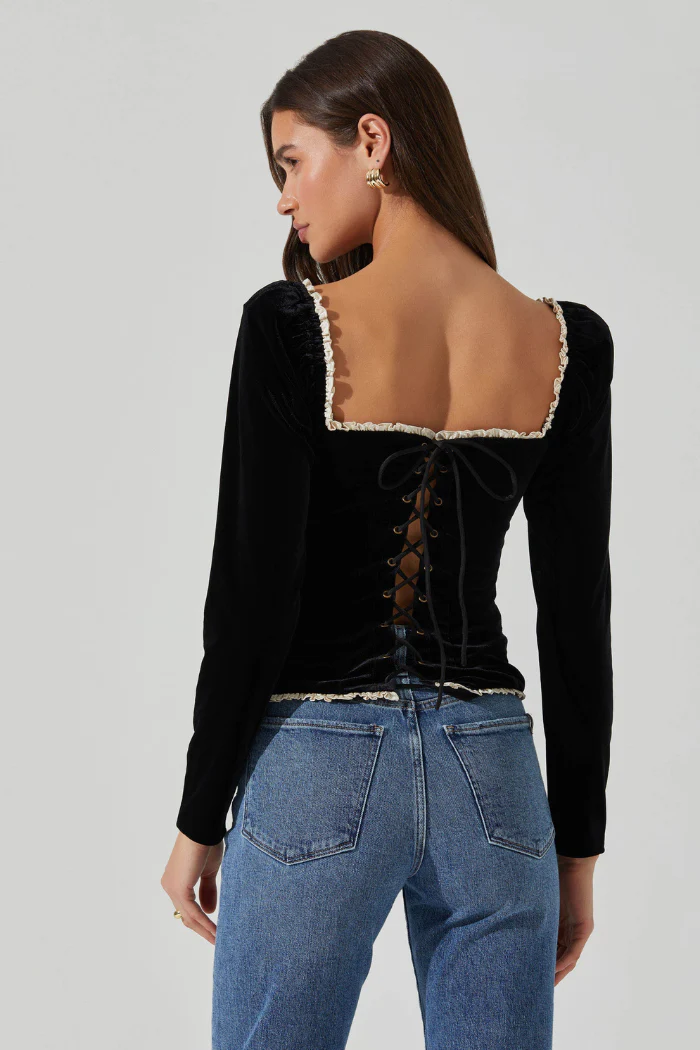 Elegant Black Velvet Square Neck Long Sleeve Top with Ruffle Trim | Briella Top - Image 2