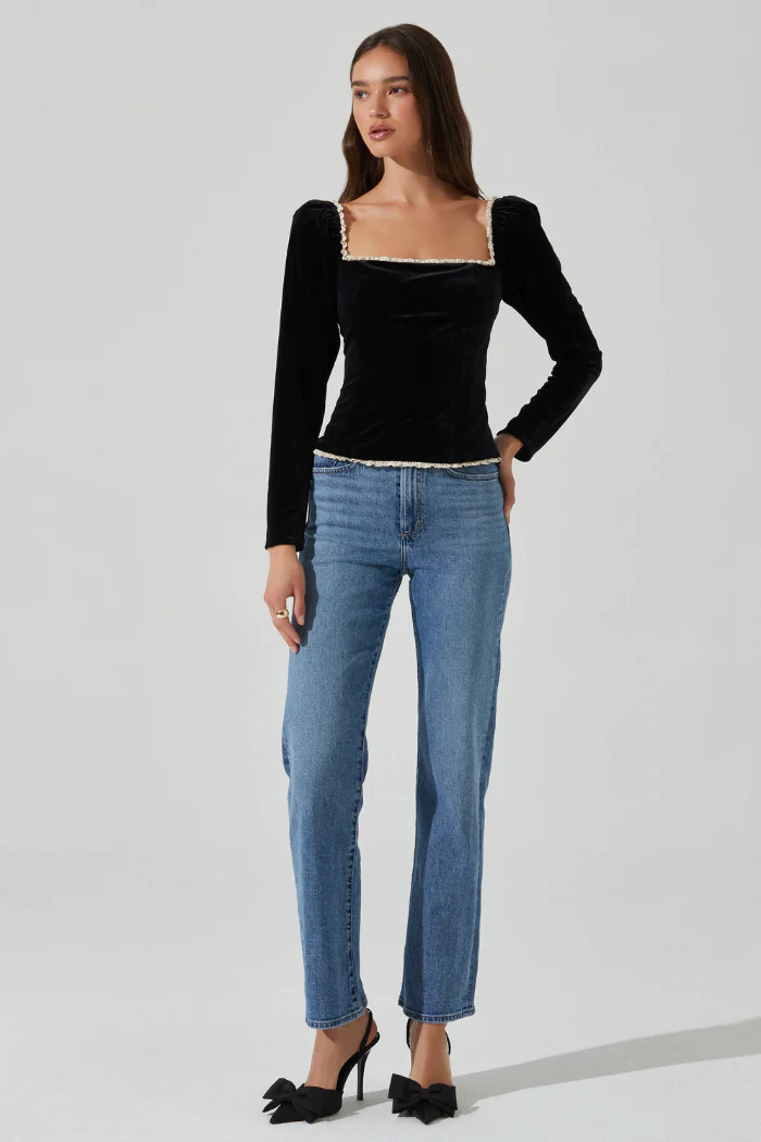 Elegant Black Velvet Square Neck Long Sleeve Top with Ruffle Trim | Briella Top - Image 3