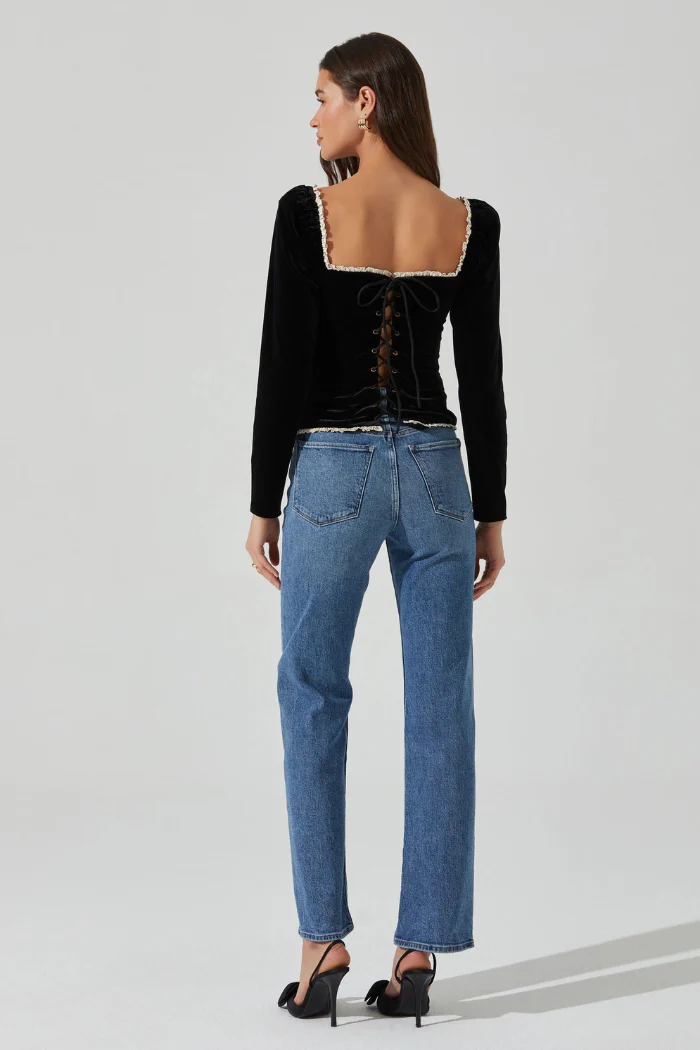 Elegant Black Velvet Square Neck Long Sleeve Top with Ruffle Trim | Briella Top - Image 4