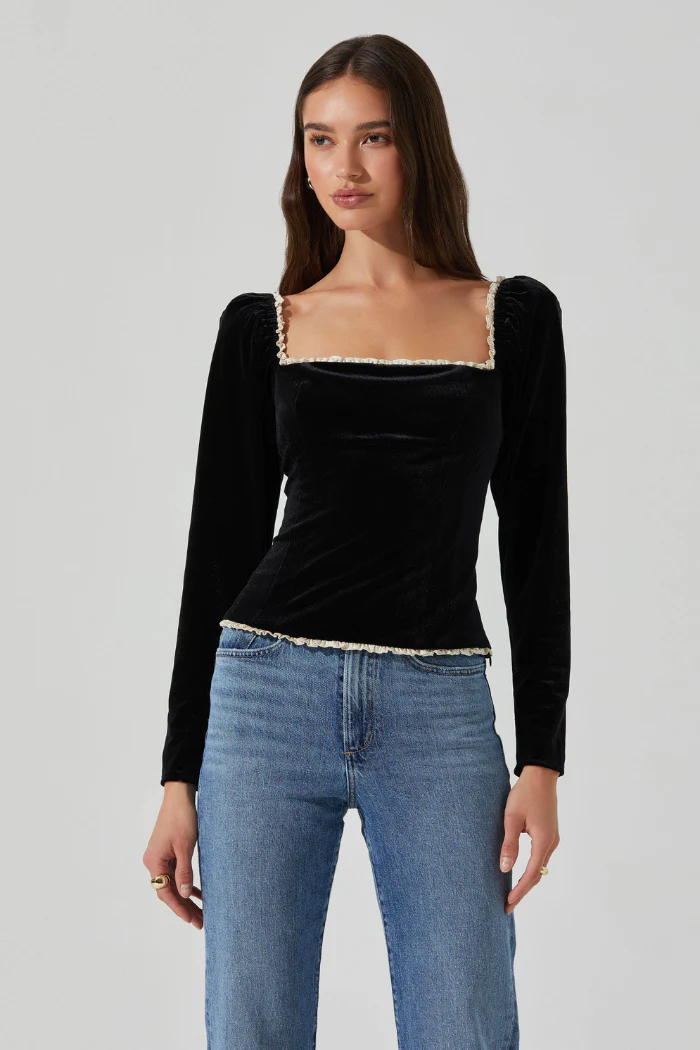 Elegant Black Velvet Square Neck Long Sleeve Top with Ruffle Trim | Briella Top - Image 5