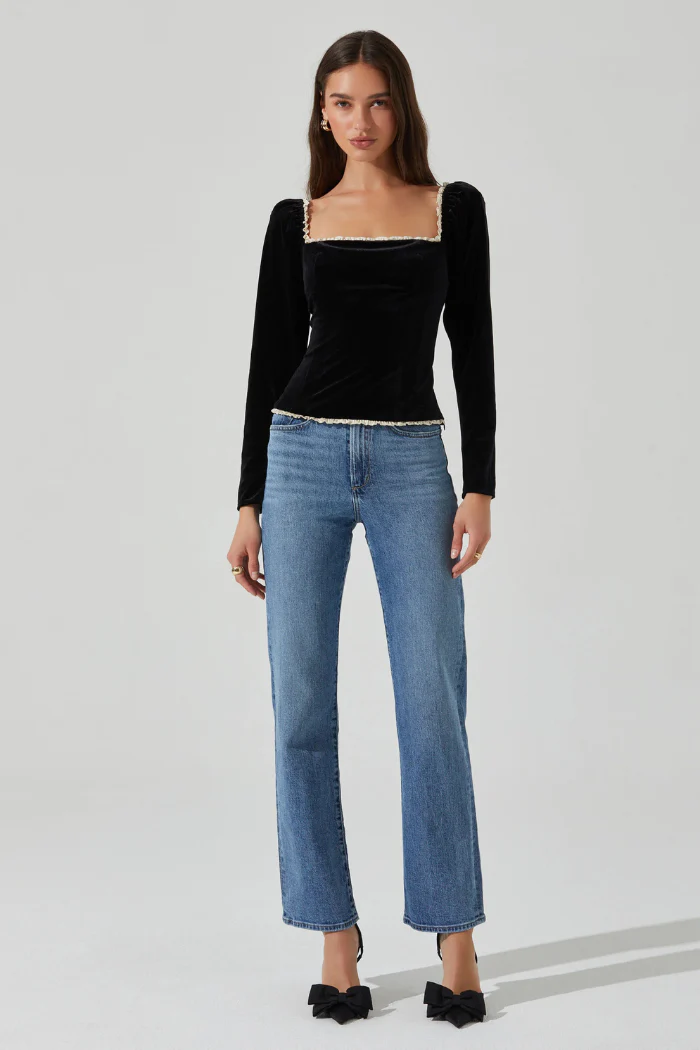 Elegant Black Velvet Square Neck Long Sleeve Top with Ruffle Trim | Briella Top - Image 6