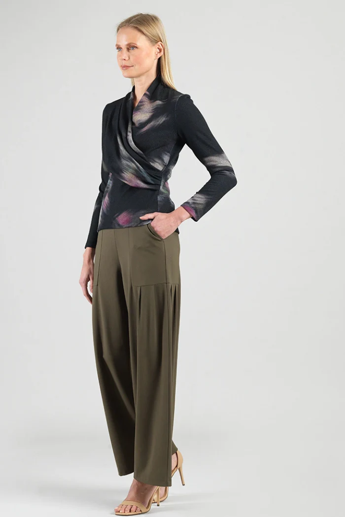 Brush Print Draped V-Neck Ruched Sweater - Image 2