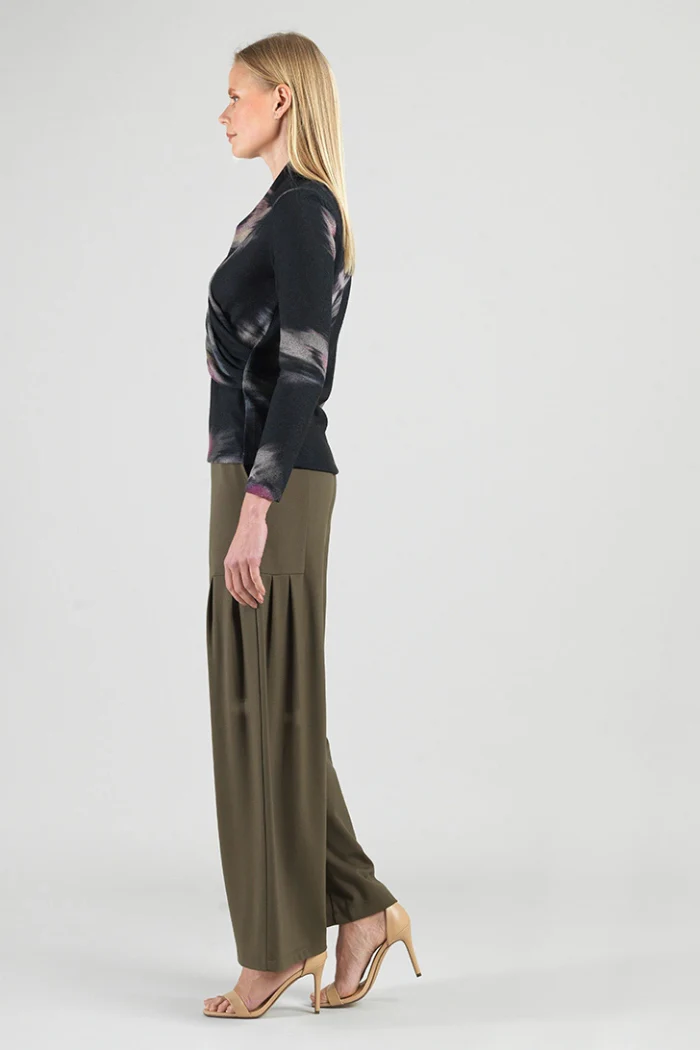 Brush Print Draped V-Neck Ruched Sweater - Image 3