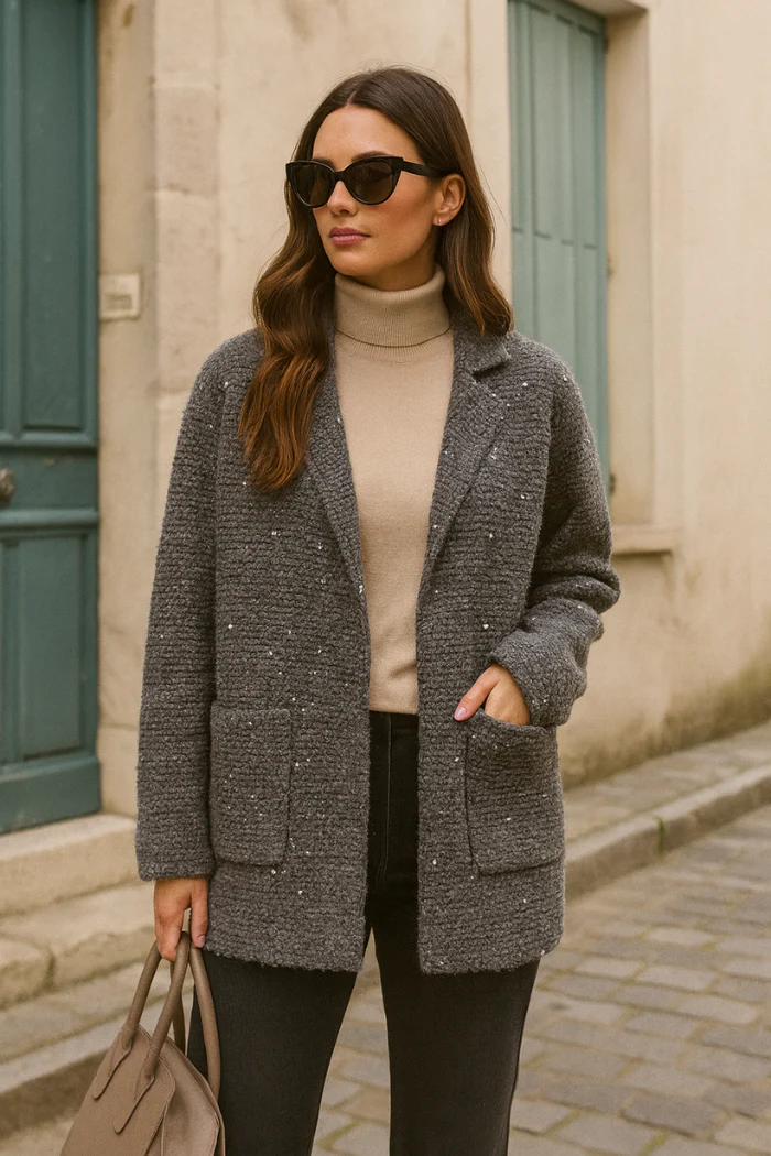 Luxe Shimmer Knit Blazer Cardigan – Charcoal Sparkle