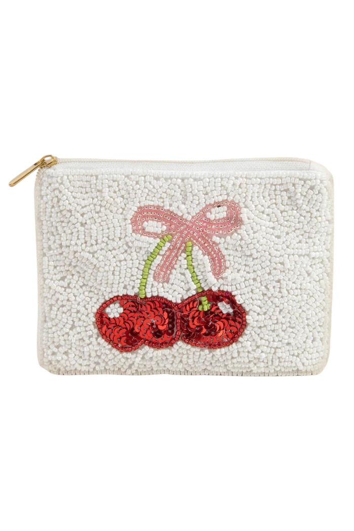 Cherry and Ribbon Bow Seed Beaded Coin Purse