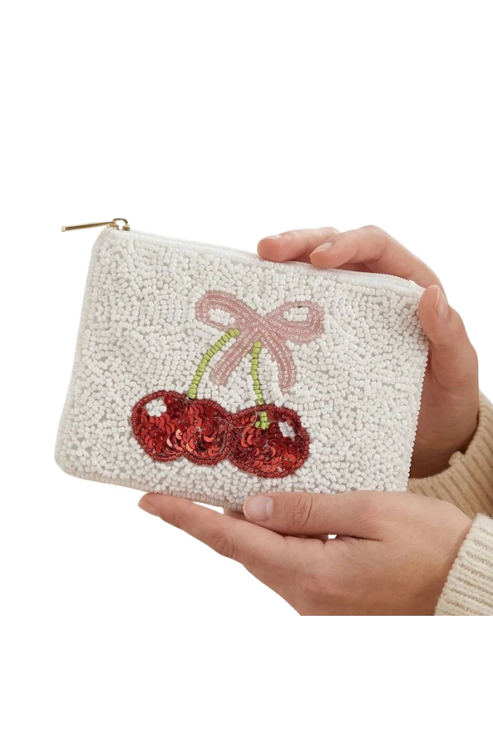 Cherry and Ribbon Bow Seed Beaded Coin Purse - Image 2