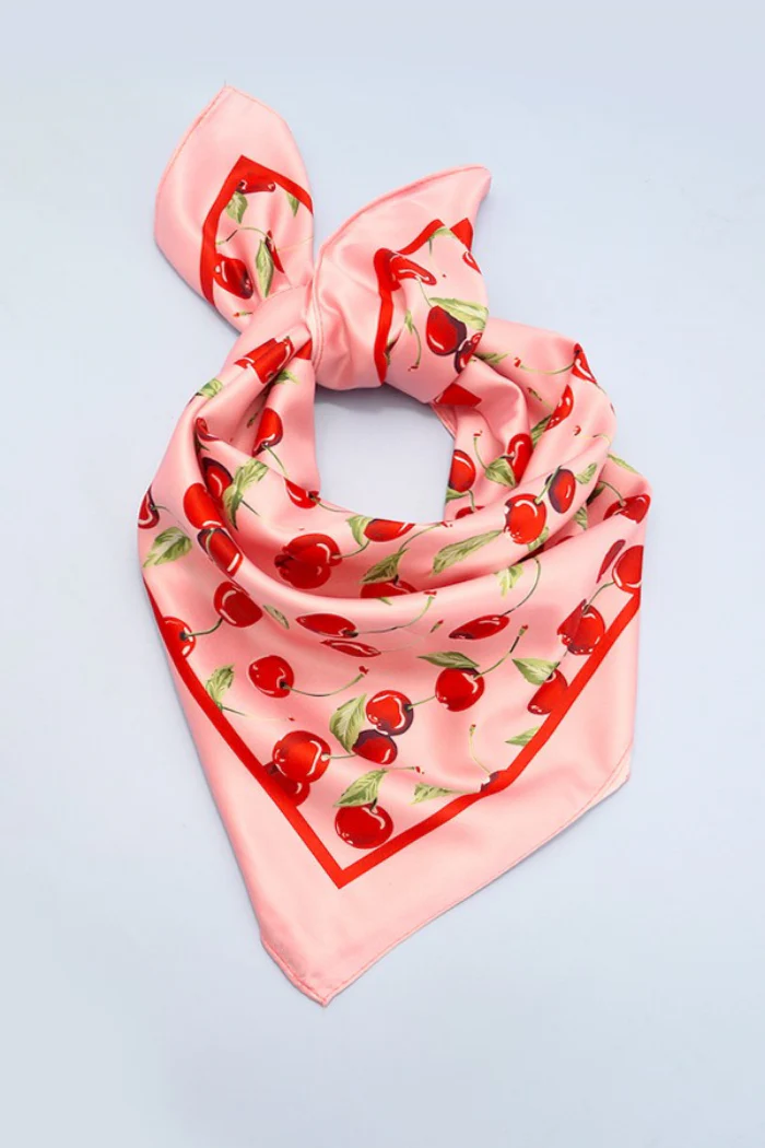Cherry Print Silky Feel Bandana Scarf - Image 2