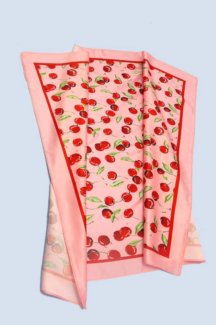 Cherry Print Silky Feel Bandana Scarf - Image 3