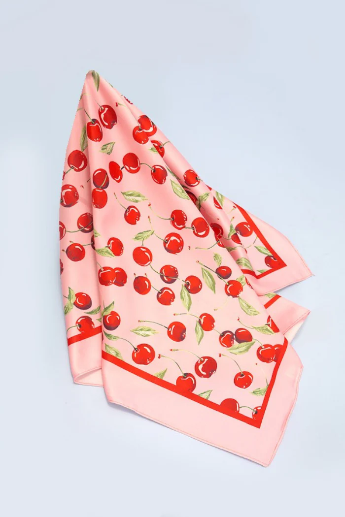 Cherry Print Silky Feel Bandana Scarf - Image 4