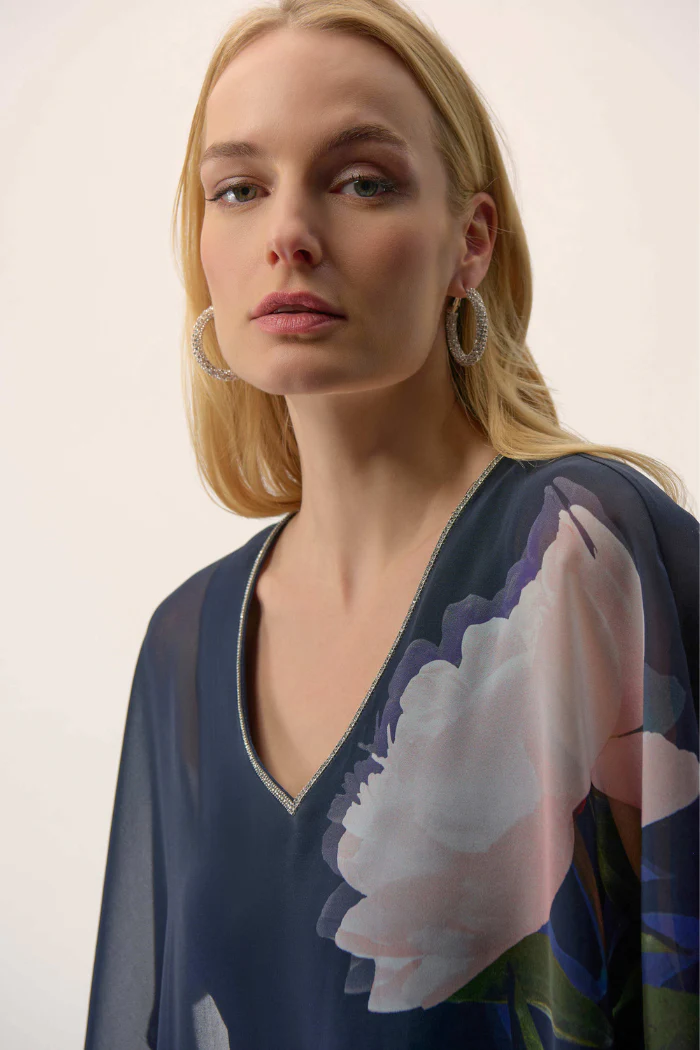 Chiffon & Silky Knit Floral Print Poncho Top - Image 2