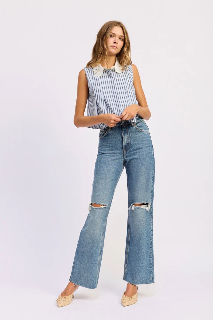 En Saison Clara Striped Sleeveless Top with Eyelet Collar