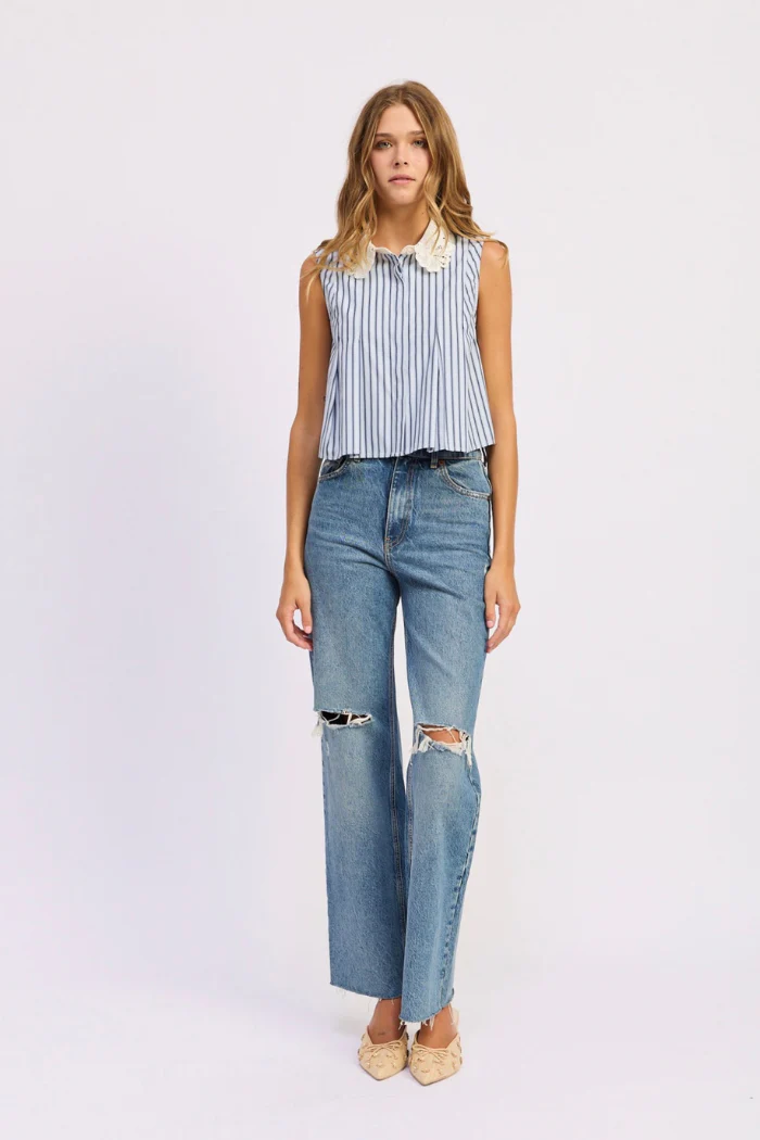 En Saison Clara Striped Sleeveless Top with Eyelet Collar - Image 2