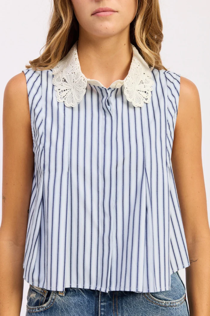 En Saison Clara Striped Sleeveless Top with Eyelet Collar - Image 3