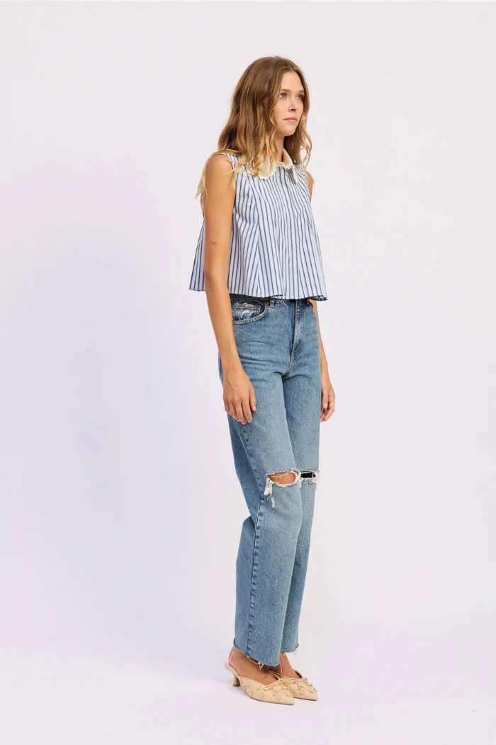 En Saison Clara Striped Sleeveless Top with Eyelet Collar - Image 4