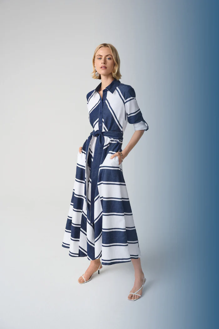 Cotton Stripe Print Fit and Flare Shirt Dress with Reversible Sash - Image 3