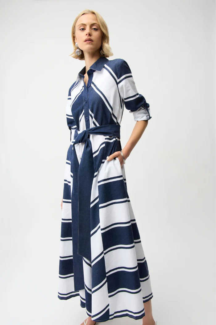 Cotton Stripe Print Fit and Flare Shirt Dress with Reversible Sash - Image 4