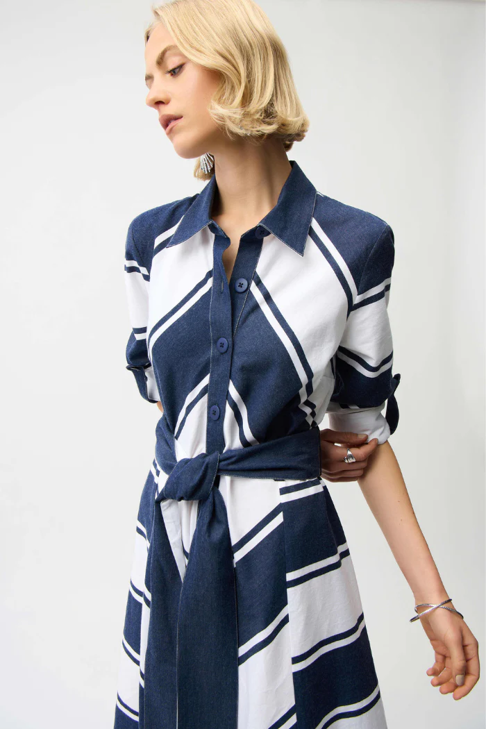 Cotton Stripe Print Fit and Flare Shirt Dress with Reversible Sash - Image 5