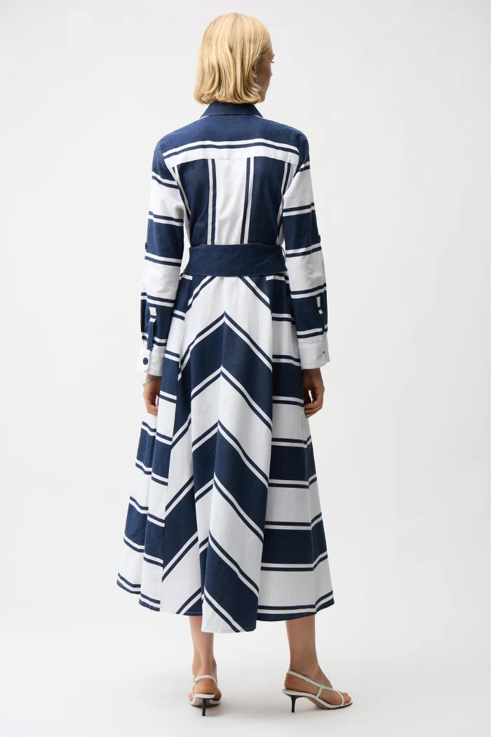 Cotton Stripe Print Fit and Flare Shirt Dress with Reversible Sash - Image 6