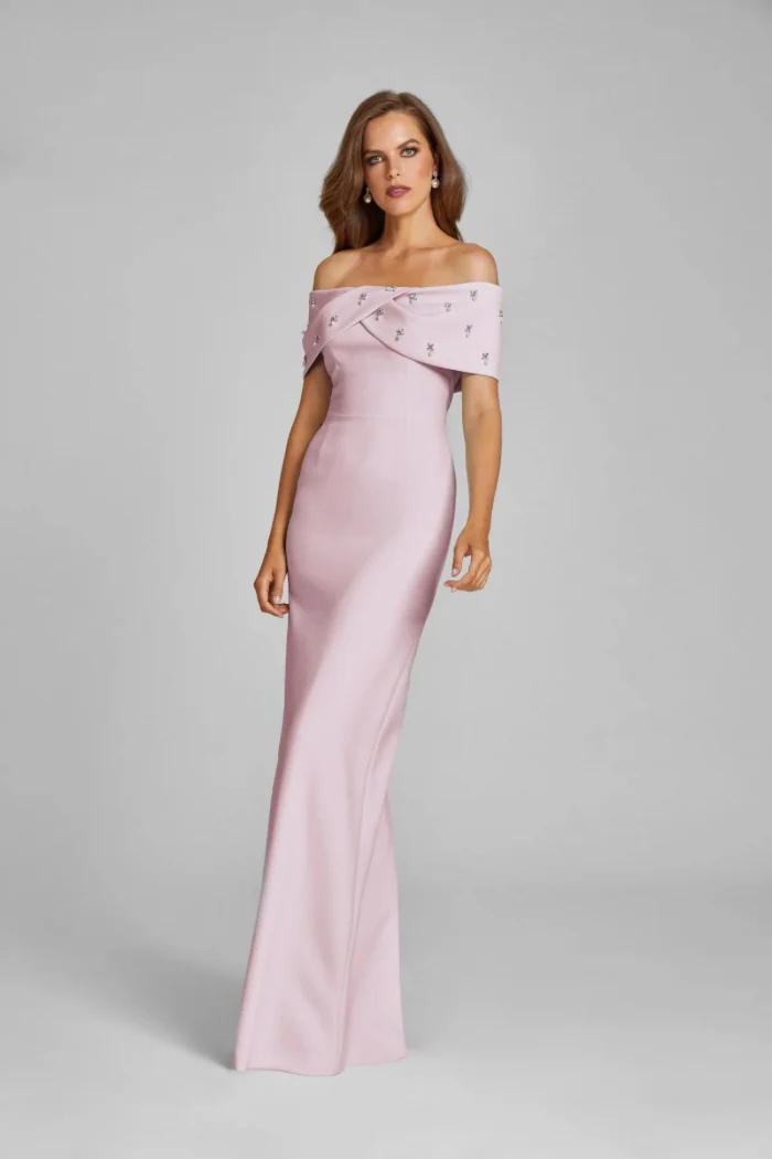 Crepe Off Shoulder Jewel Trim Portrait Column Gown - Image 3