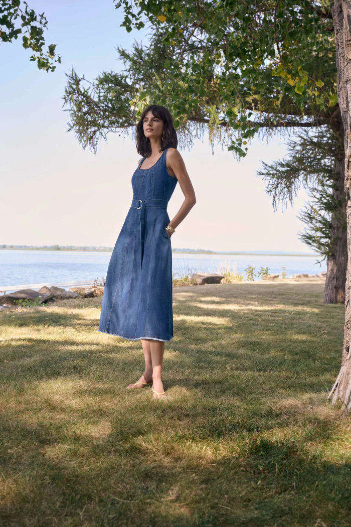 Denim Fit And Flare Midi Dress With Belt - Image 5