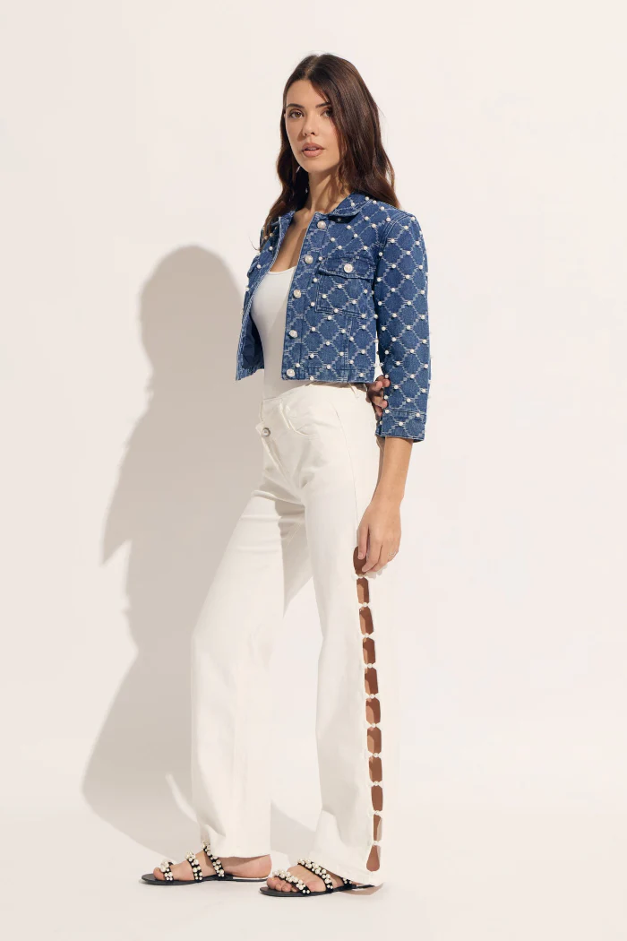 Diagonal Denim with Pearl Trim Short Jacket - Image 2