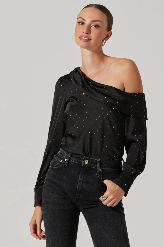 Ellen Satin Rhinestone One Shoulder Top - Image 4
