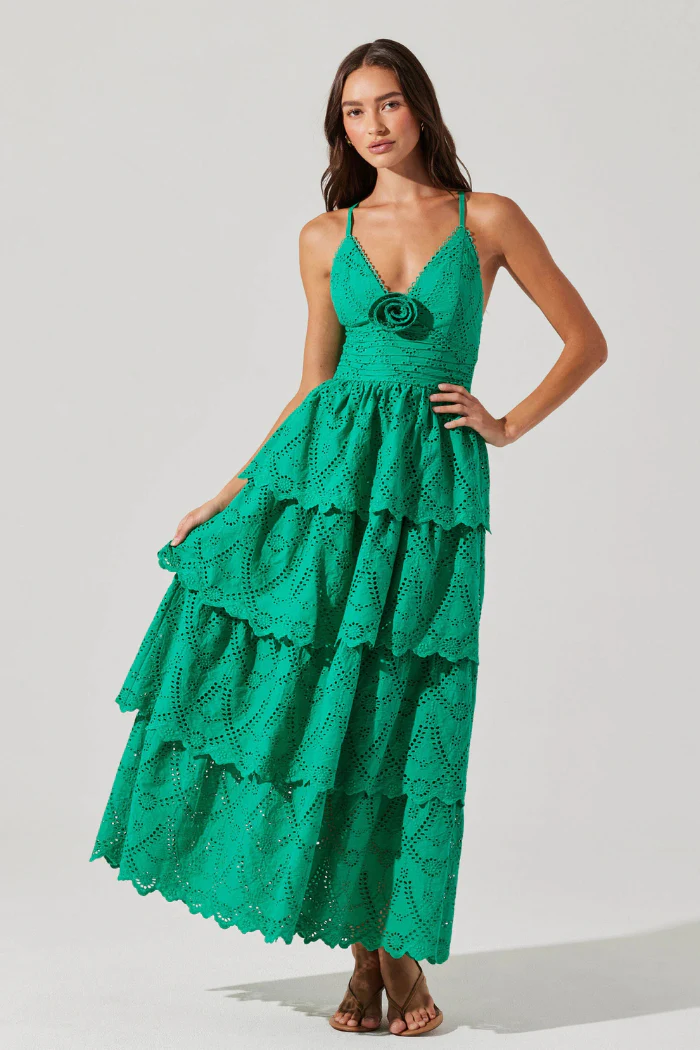 Faeryn Eyelet Tiered Maxi Dress - Emerald