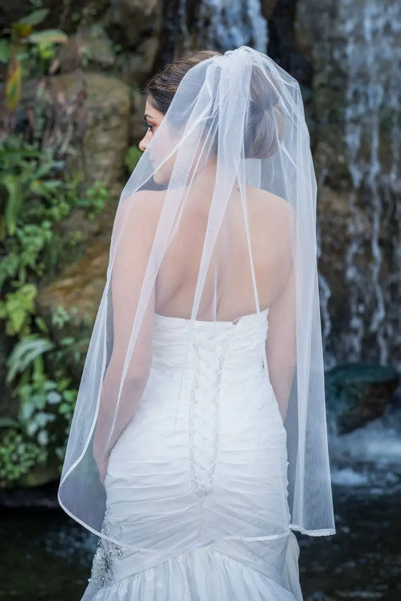 Fingertip Wedding Veil With Satin Trim - Image 2