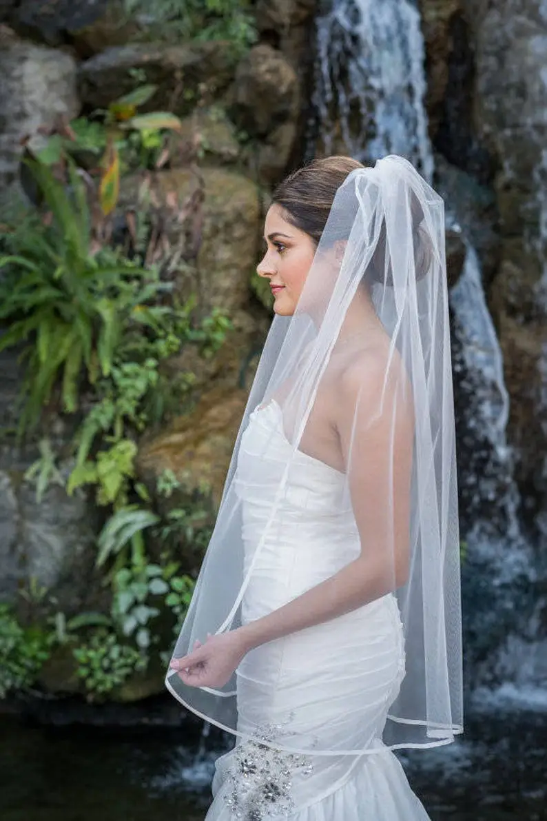 Fingertip Wedding Veil With Satin Trim - Image 3